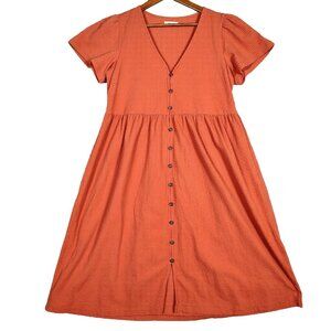 Madewell Midi Dress Women's Medium Orange Seersucker Button Front Short Sleeve